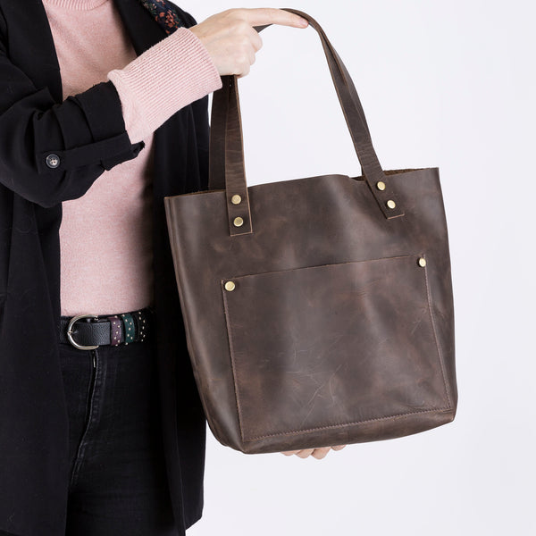 Personalized Leather Tote Bag, Handmade Tote with Zipper Option, Everyday Tote with Zipper and Pocket